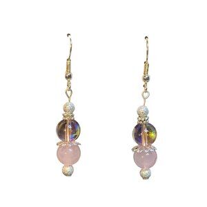 Silver Plated Pierced Dangle Earrings With Rose Quartz & Glass Bead (5478)